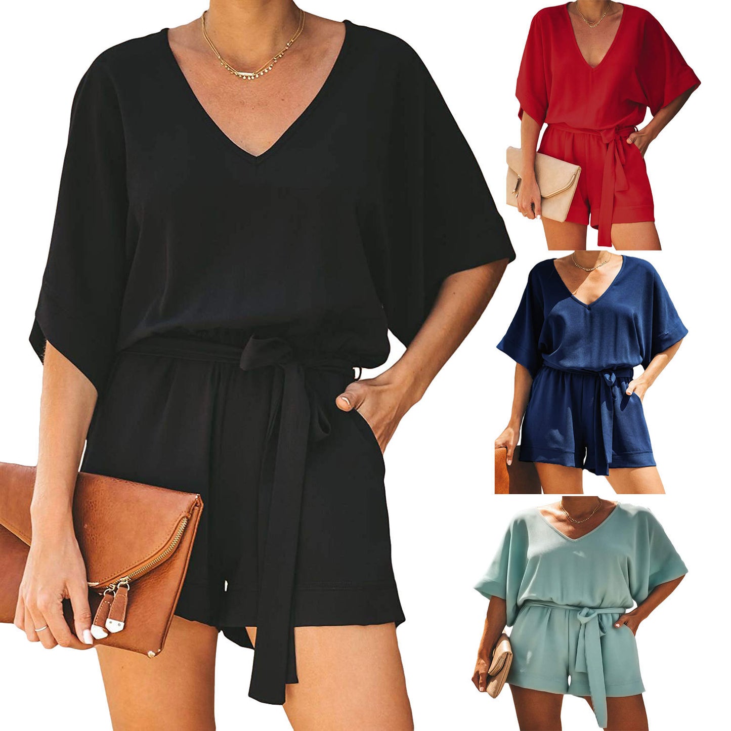 Casual Solid Color And V-neck Lace-up Short-sleeved Jumpsuit Shorts