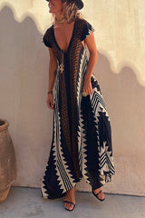 Amsoin V Neck Short Sleeve Color Block Printed  Maxi Swing Dress