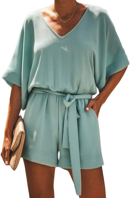 Casual Solid Color And V-neck Lace-up Short-sleeved Jumpsuit Shorts