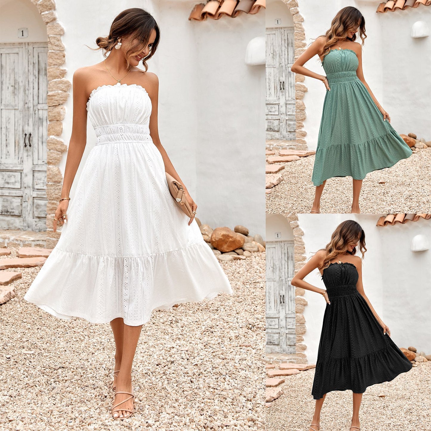 Amsoin Casual Solid Color Strapless  Dress