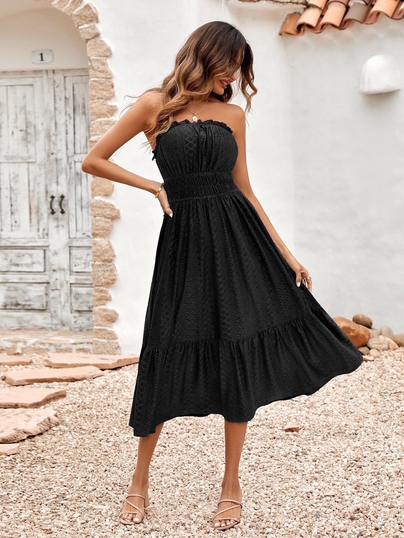 Amsoin Casual Solid Color Strapless  Dress
