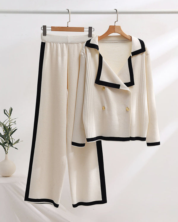collared casual comfort knitted set color blocked long sleeve top and pants