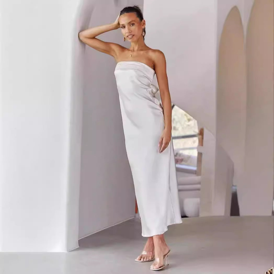 Spring And Summer New Elegant Socialite Satin Backless Tube Top Dress Printing