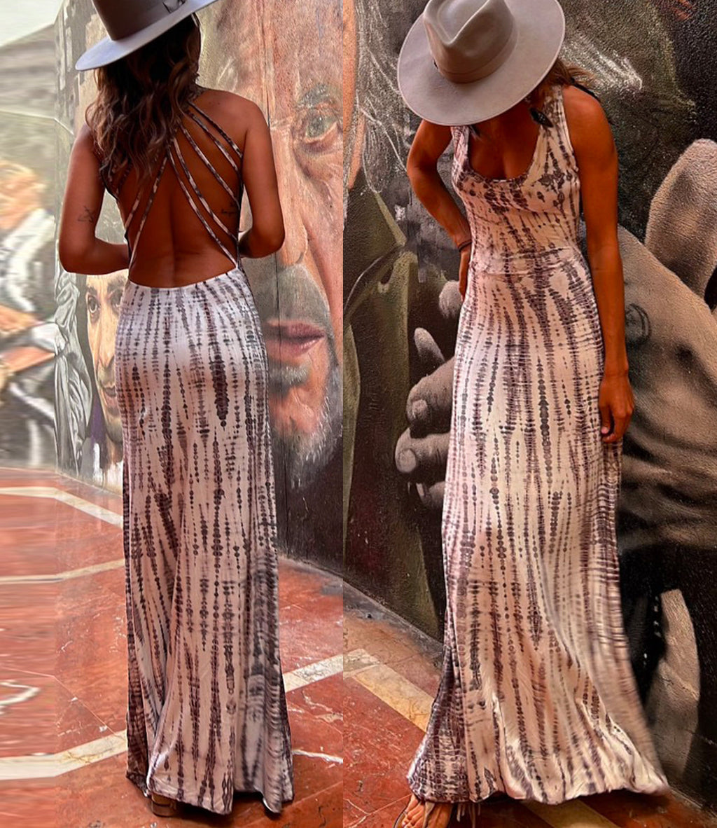 Amsoin Criss Cross Open Back Tie Dye Maxi Dress