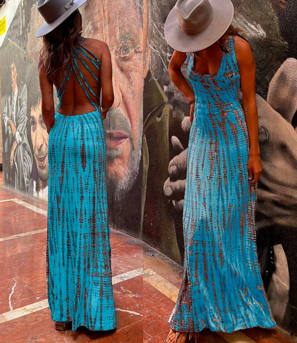 Amsoin Criss Cross Open Back Tie Dye Maxi Dress