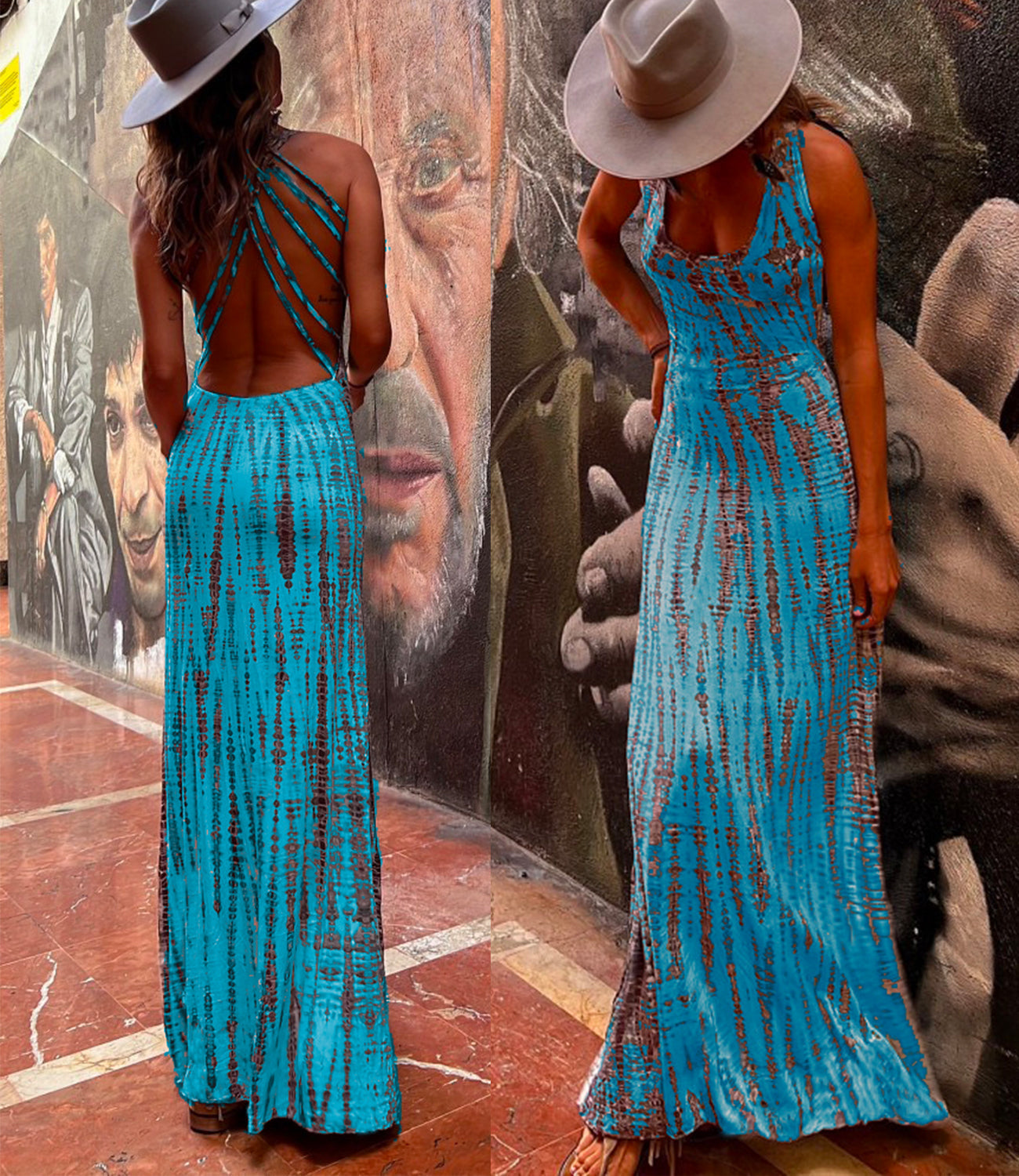 Amsoin Criss Cross Open Back Tie Dye Maxi Dress