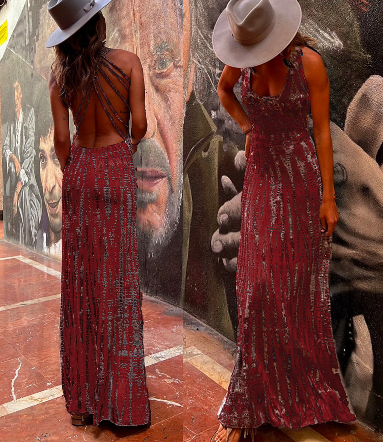 Amsoin Criss Cross Open Back Tie Dye Maxi Dress