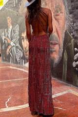 Amsoin Criss Cross Open Back Tie Dye Maxi Dress