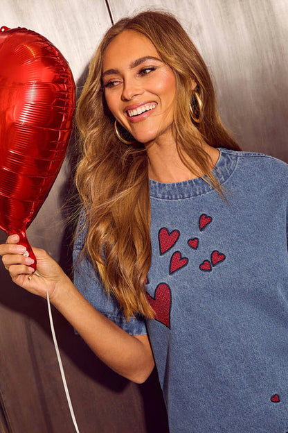 Short Sleeve Red Heart Denim Mini Dress