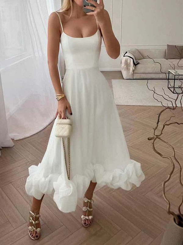 Celebrities Elegant Solid Appliques U Neck Sling Dress Dresses