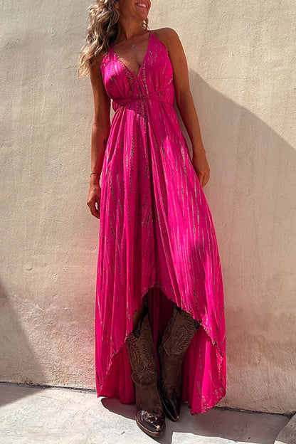 Amsoin V Neck High Low Hem Tie Dye Maxi Cami Dress