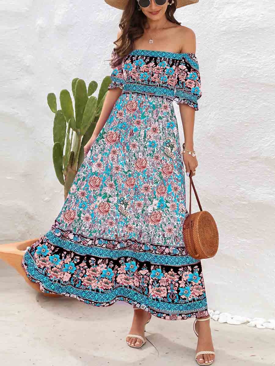 Amsoin Bohemian Beach Holiday Off-shoulder Puff Sleeve Dress