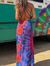 Amsoin Criss Cross Backless Tie Dye Maxi Cami Dress