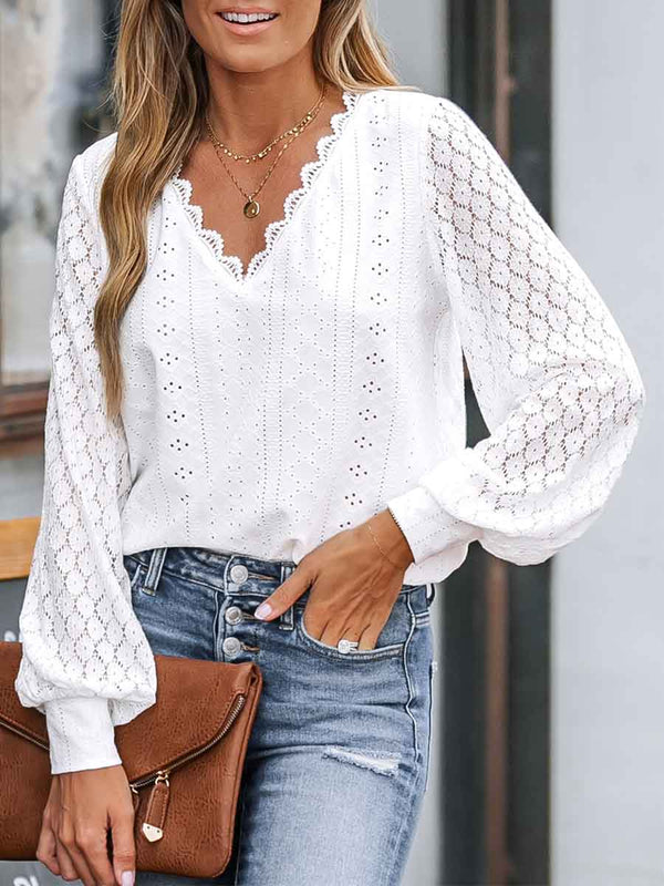 Amsoin Lace Fashion Hollowed-out Casual Long-sleeved Shirt