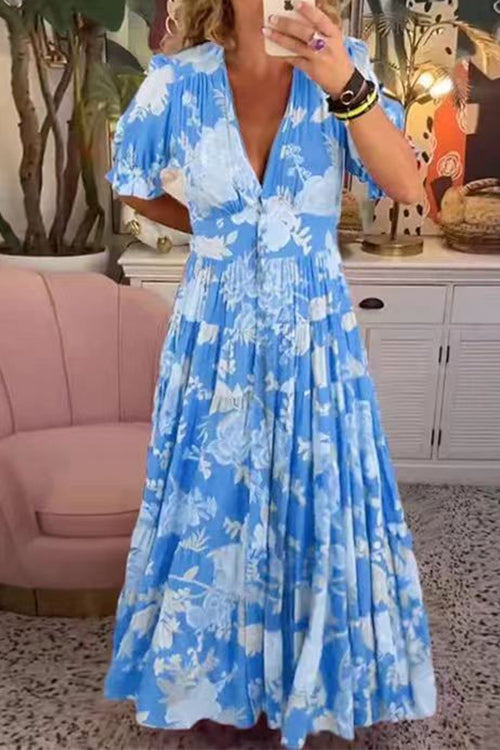 Amsoin V Neck Button Up Floral Print Flowy Maxi Dress