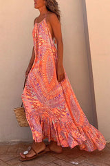 AmsoinHalter Backless Printed Maxi Ruffle Swing Dress