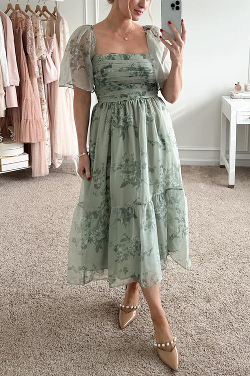 Amsoin Square Neck Short Sleeve Ruched Floral Midi Dress
