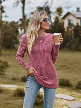 Women Round Neck Brushed Sunken Stripe Solid Color Sweater