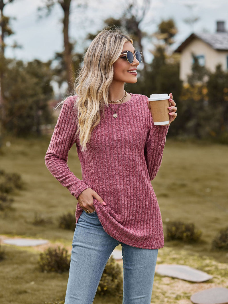 Women Round Neck Brushed Sunken Stripe Solid Color Sweater