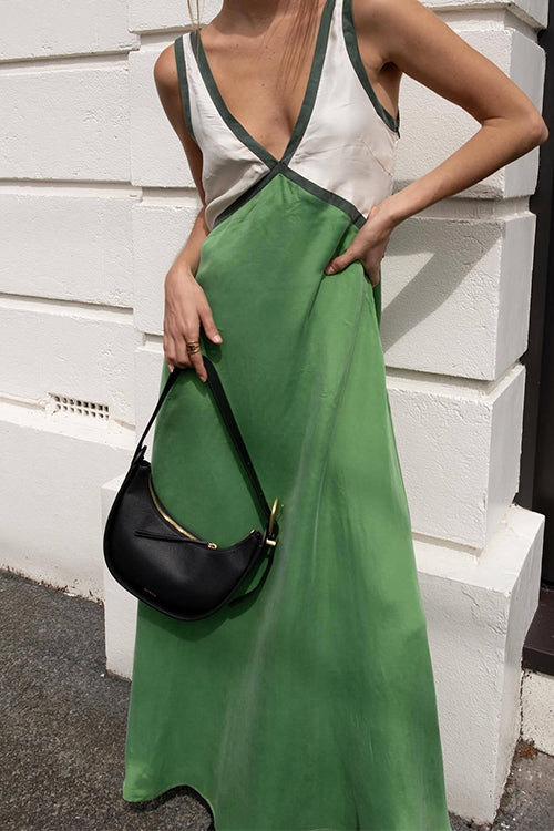 Amsoin V Neck Color Block Sleeveless Maxi Swing Dress