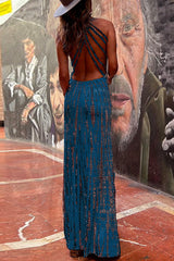 Amsoin Criss Cross Open Back Tie Dye Maxi Dress