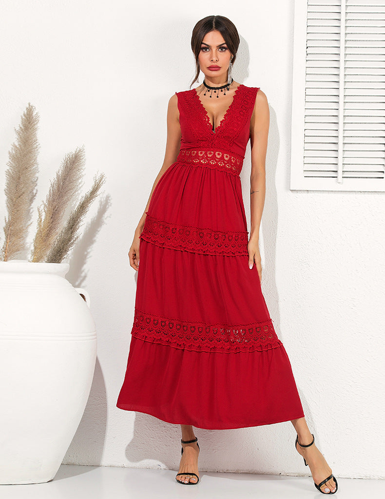 Amsoin Lace Swing Sleeveless Chiffon Dress