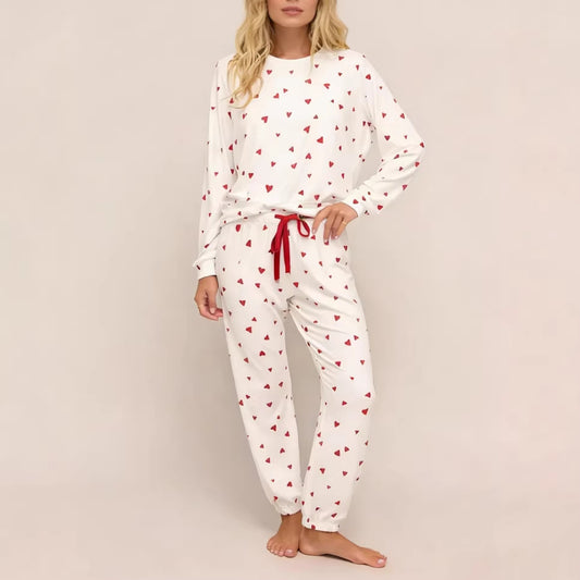 Heart-print Lace-up Pajama Set With Long Sleeves And Long Pants For Loungewear
