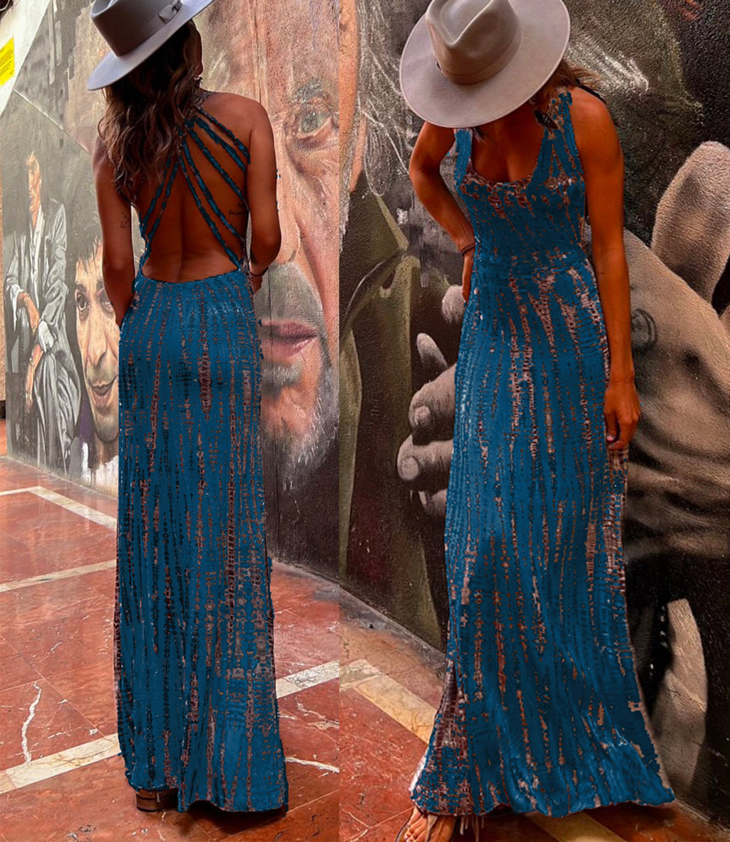 Amsoin Criss Cross Open Back Tie Dye Maxi Dress