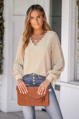 Amsoin Lace Fashion Hollowed-out Casual Long-sleeved Shirt