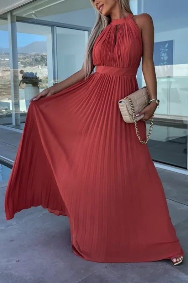 Amsoin Halter Neck Pleated Swing Dress