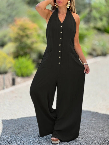Backless Sleeveless Loose Cotton Linen Jumpsuit
