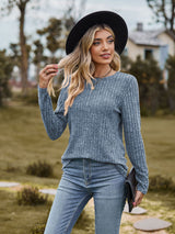 Women Round Neck Brushed Sunken Stripe Solid Color Sweater