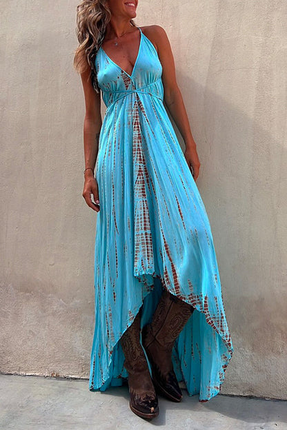Amsoin V Neck High Low Hem Tie Dye Maxi Cami Dress