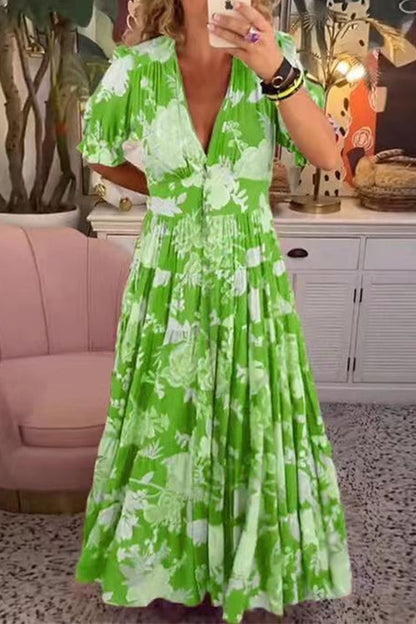 Amsoin V Neck Button Up Floral Print Flowy Maxi Dress