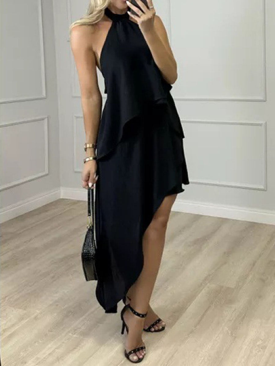 Amsoin Halter Backless Tied Detail Asymmetrical Dress