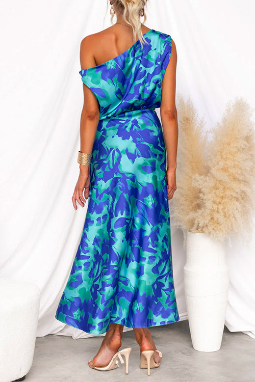 Amsoin One Shoulder Tie Waist Slit Floral Print Maxi Dress