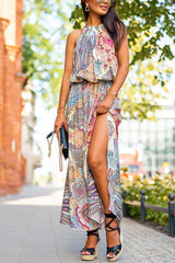 Amsoin Halter Waisted Side Split Printed Holiday Dress