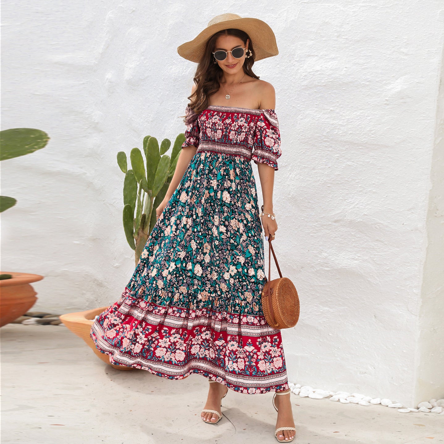 Amsoin Bohemian Beach Holiday Off-shoulder Puff Sleeve Dress