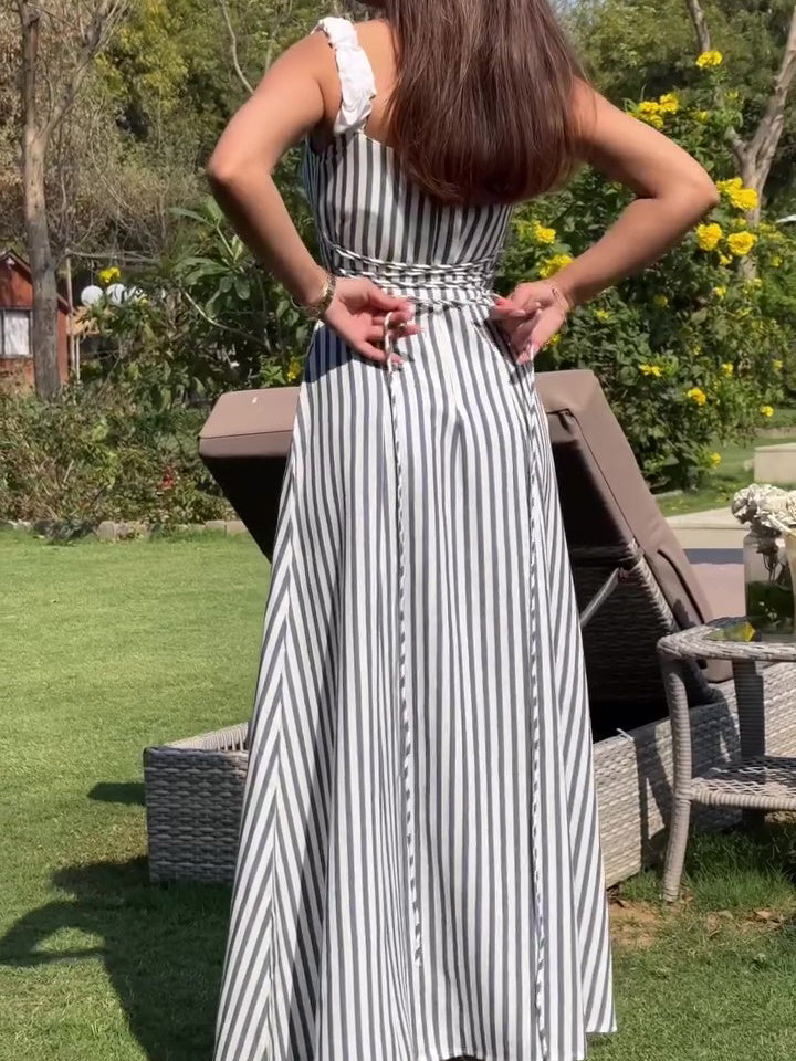 Elegant Striped Tie Slit Dress