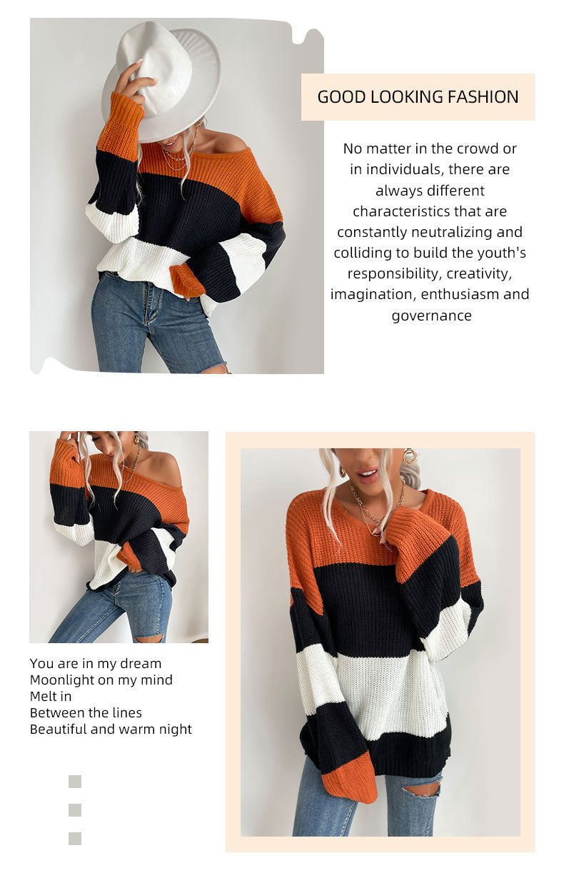 Autumn New Striped Contrast Color Knitwear Round Neck Loose Sweater
