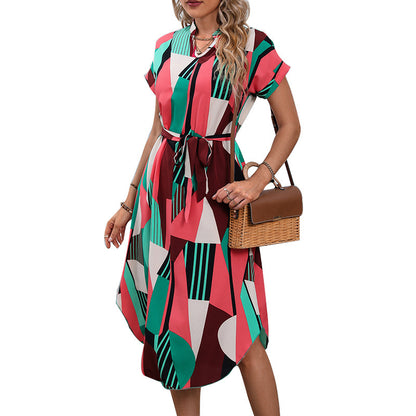 Women's SpringSummer Vacation Style Color Block Series Belt Short Sleeve Dress