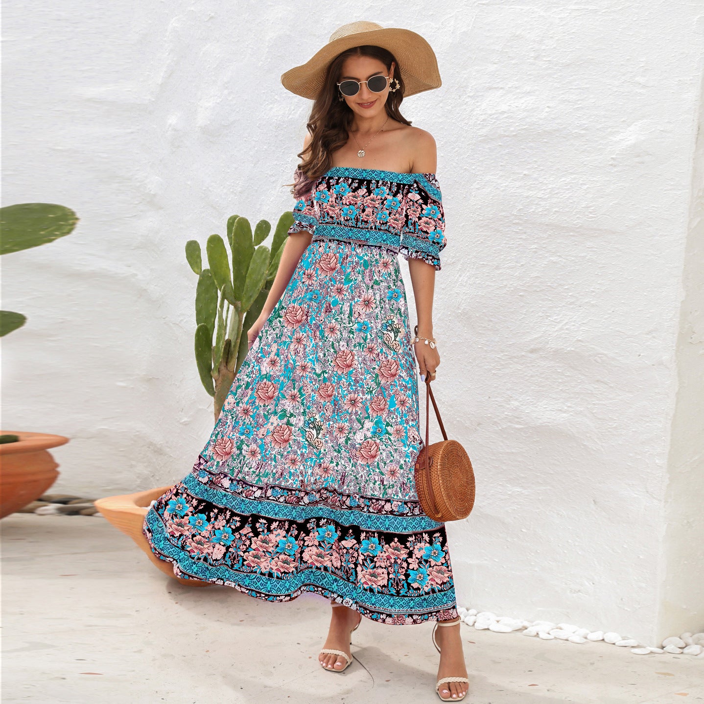 Amsoin Bohemian Beach Holiday Off-shoulder Puff Sleeve Dress