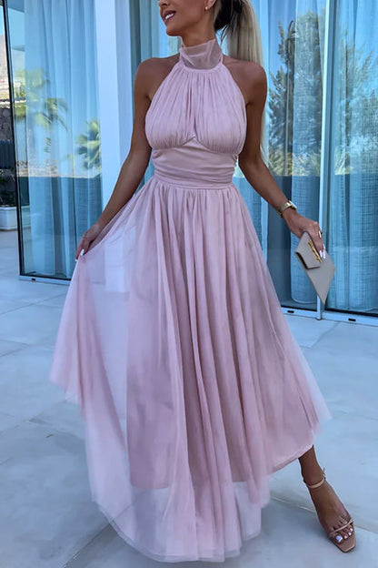 Amsoin Halter Backless Waisted Tulle Maxi Dress