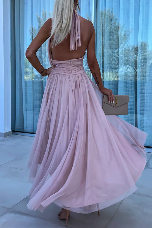 Amsoin Halter Backless Waisted Tulle Maxi Dress