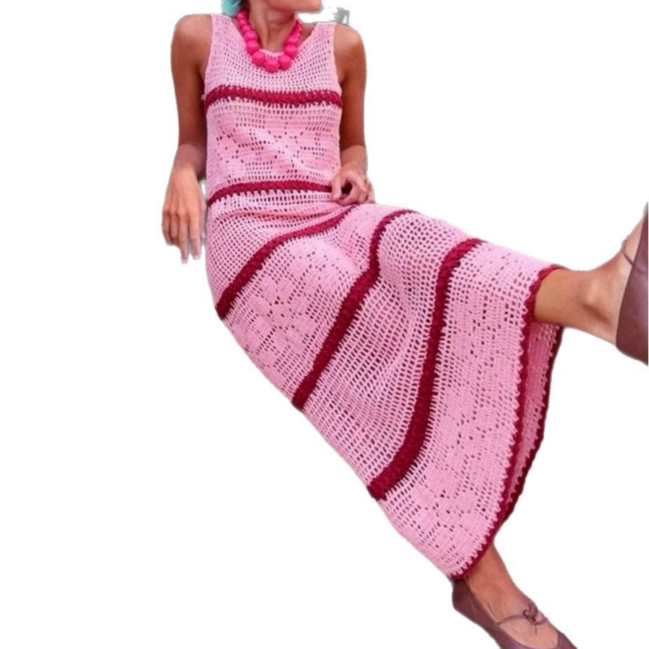 Knitted Sweater Contrast Color Vest Hollow Dress