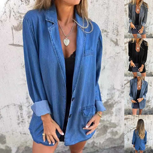 Lapel Shirt Jacket Ins Fashion Solid Color Long-sleeved Denim Top Autumn And Spring Casual Daily Streetwear Women's Clothing