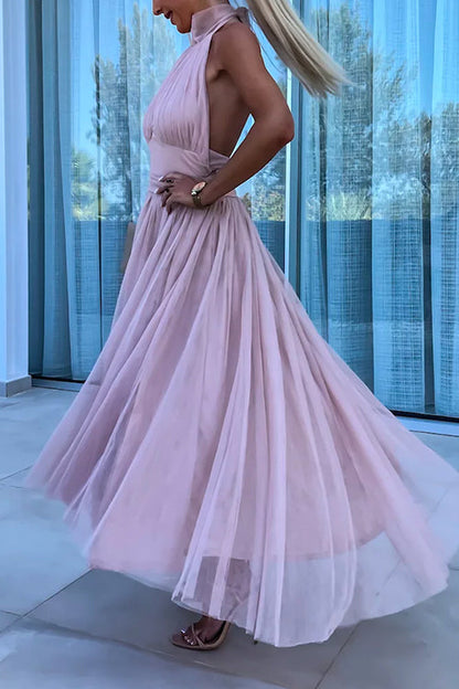 Amsoin Halter Backless Waisted Tulle Maxi Dress