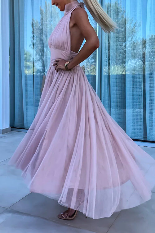 Amsoin Halter Backless Waisted Tulle Maxi Dress