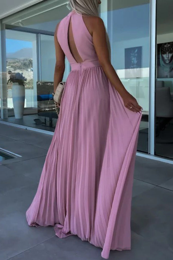 Amsoin Halter Neck Pleated Swing Dress