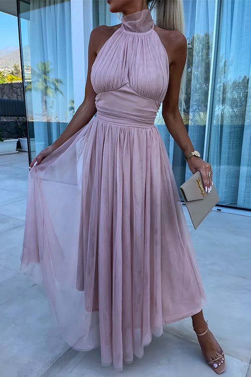 Amsoin Halter Backless Waisted Tulle Maxi Dress